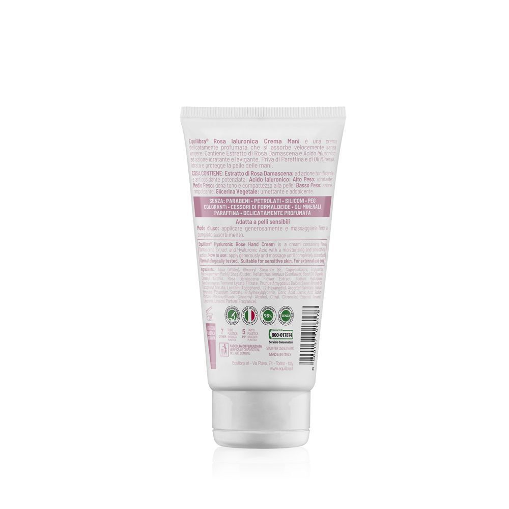 Retro di un tubetto di crema mani Equilibra Rosa Ialuronica con ingredienti e certificazioni.