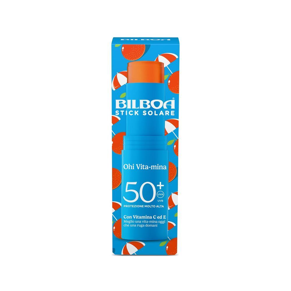 Stick solare Bilboa Ohi Vita-mina SPF 50+ nella sua confezione con decorazioni di arance e ombrelloni.