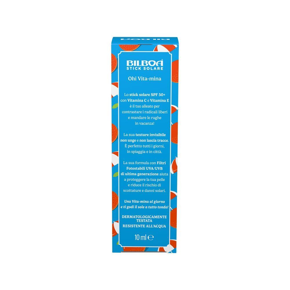Retro della confezione dello stick solare Bilboa Ohi Vita-mina con informazioni sul prodotto e 10 ml.