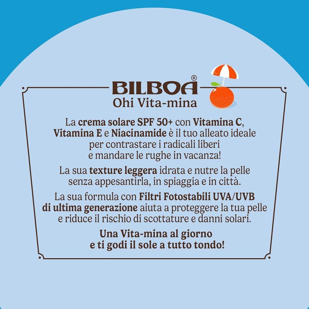 Area di testo con informazioni sulla crema solare Bilboa SPF 50+ Vitamina C, E, Niacinamide.