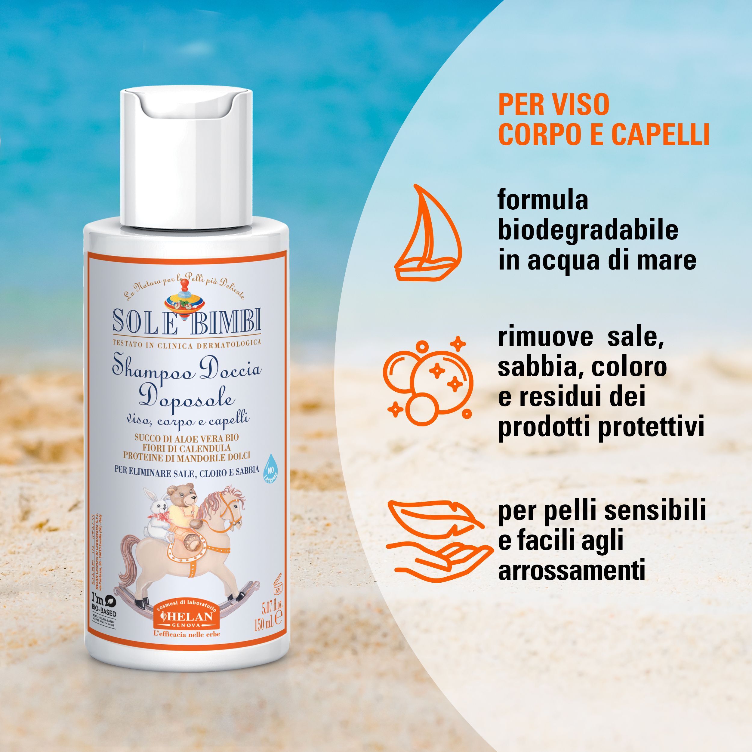 Flacone Helan SOLE BIMBI Shampoo Doccia Doposole con icone da spiaggia.