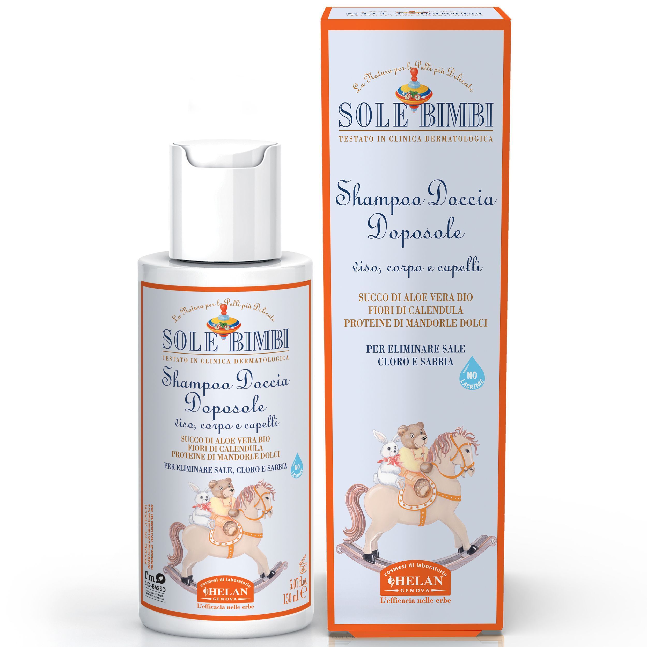Flacone e confezione Helan SOLE BIMBI Shampoo Doccia Doposole con illustrazione di cavallo.