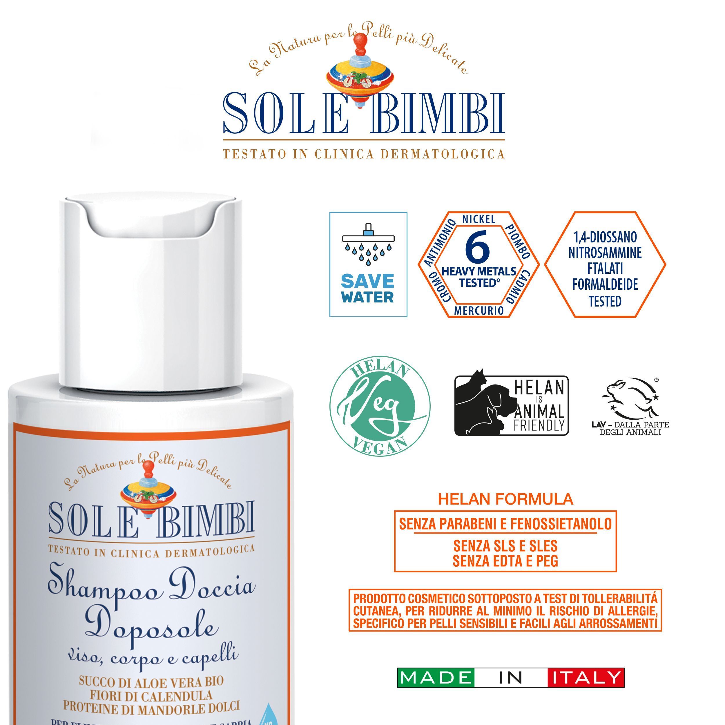 Flacone Helan SOLE BIMBI Shampoo Doccia Doposole con sigilli: Vegan, Animal Friendly, Made in Italy.