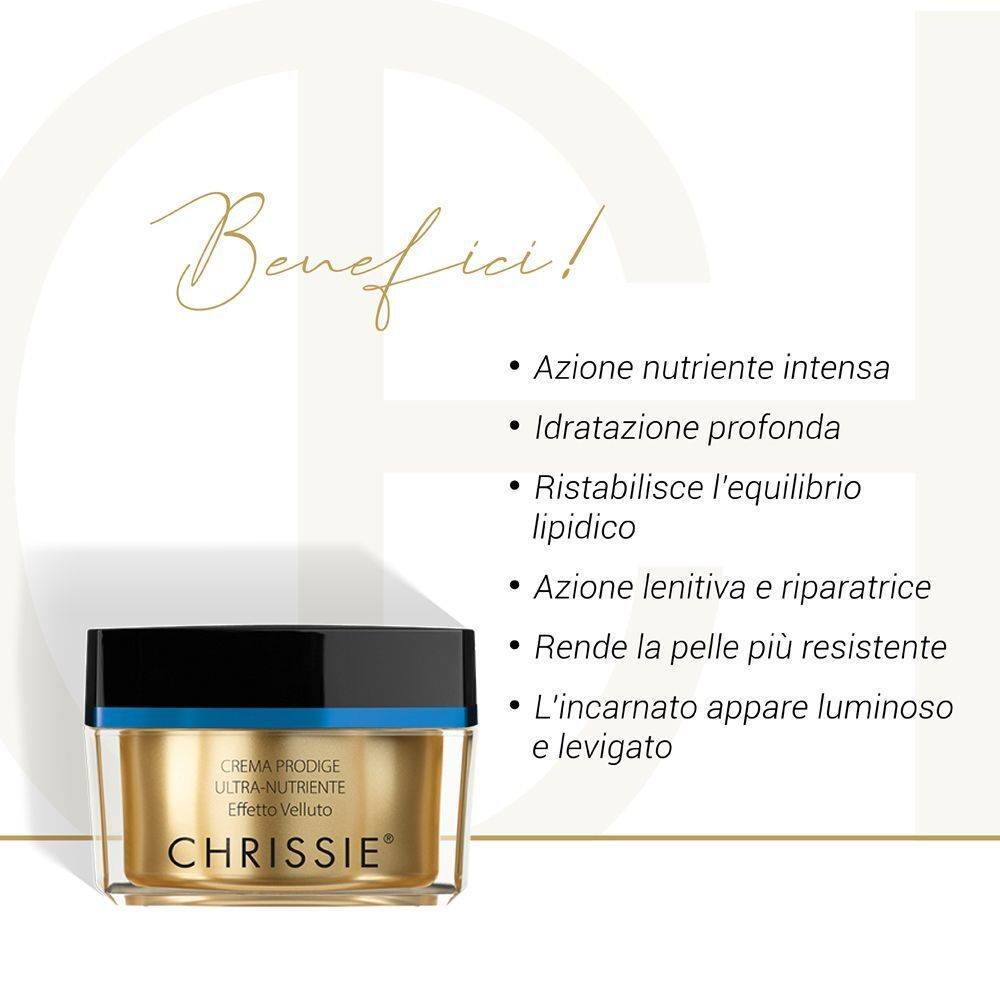Un vasetto dorato Chrissie Crema Prodige Ultra-Nutriente Effetto Velluto accanto a un elenco di benefici.