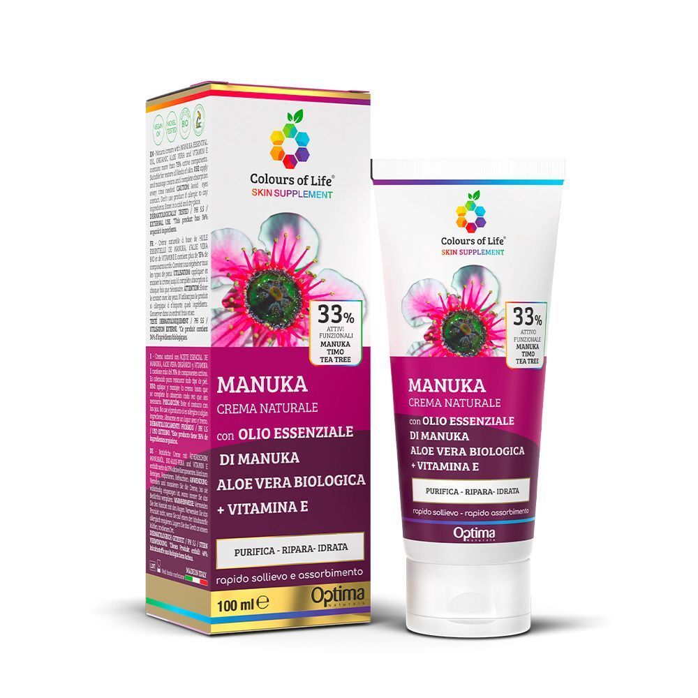 Crema per la pelle Colours of Life Manuka con confezione. Contiene 33% di olio di Manuka.