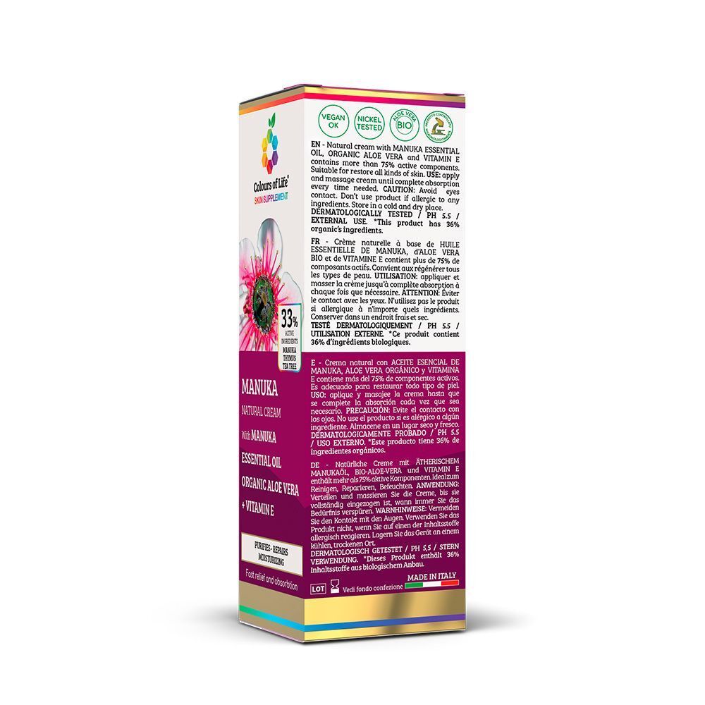 Confezione della crema per la pelle Manuka Colours of Life con informazioni dettagliate sul prodotto.