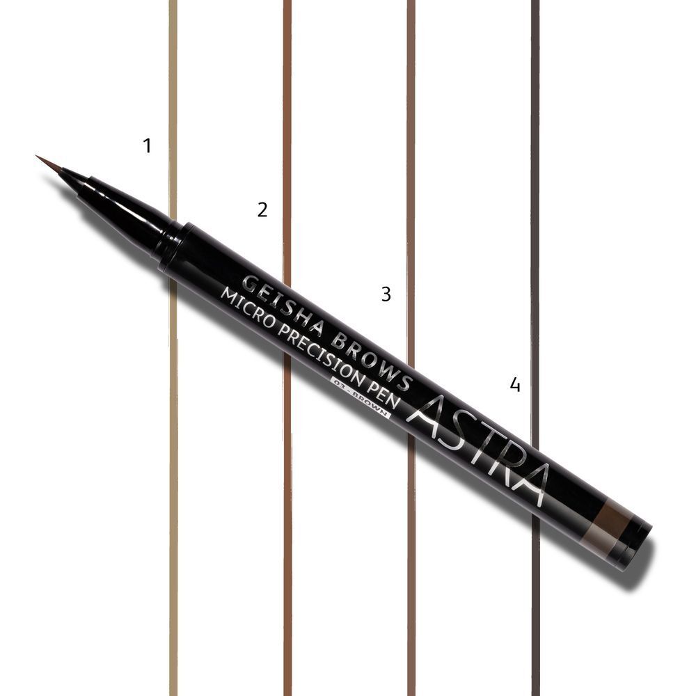 Una penna micro precision ASTRA Geisha Brows posizionata davanti a quattro linee colorate.