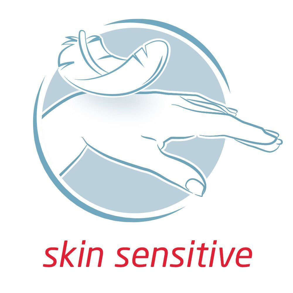 Simbolo per medicazione delicata sulla pelle: mano con piuma, "skin sensitive".