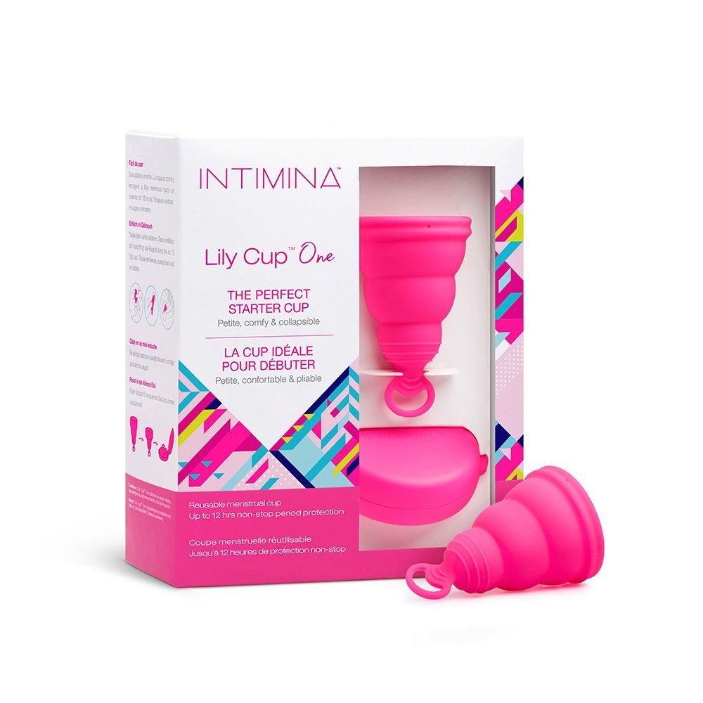 Confezione della coppetta mestruale Lily Cup One con una coppetta e un contenitore.