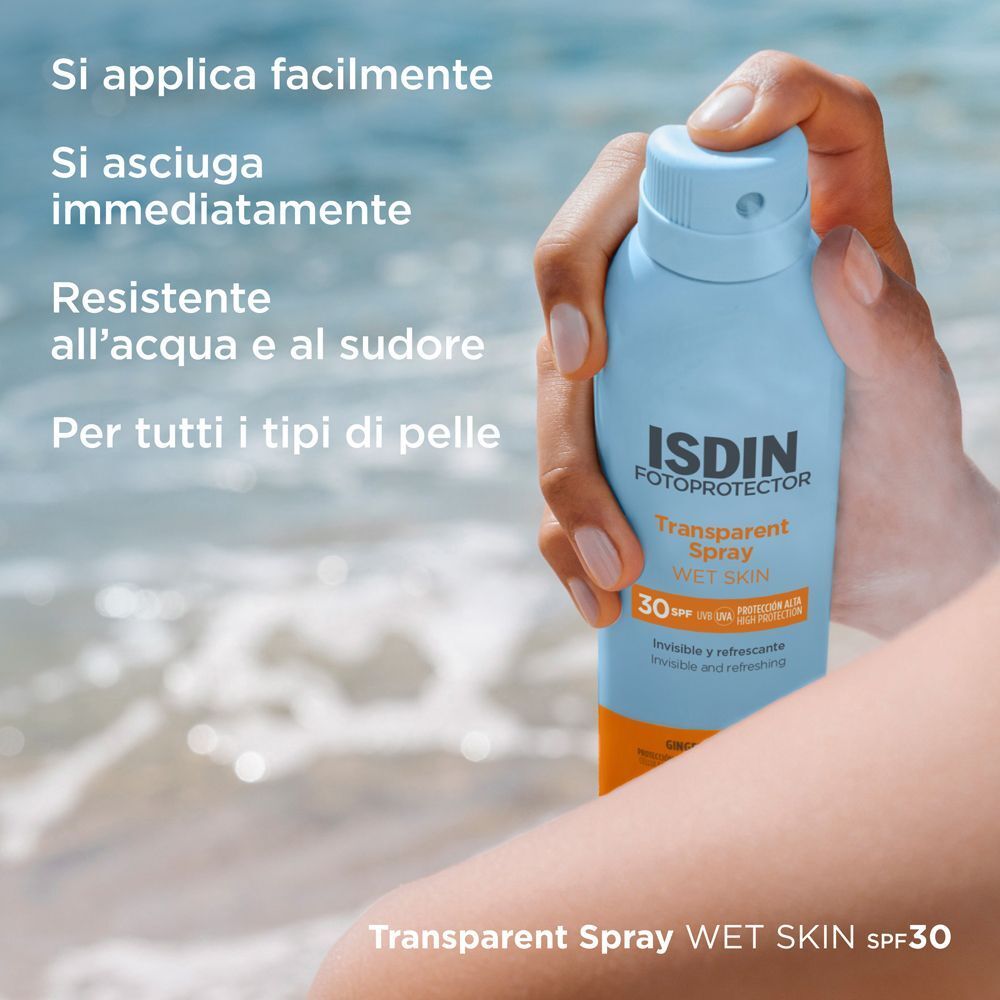 ISDIN Fotoprotector Transparent Spray SPF 30, facile da applicare, resistente all'acqua.