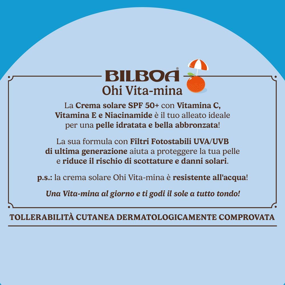 Bilboa Ohi Vita-mina Crema solare SPF 50+ con Vitamina C, E e Niacinamide. Protegge e idrata la pelle.