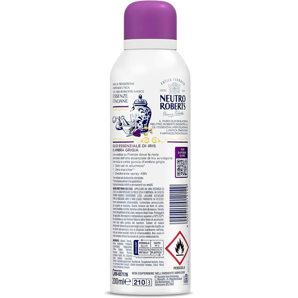 Retro di un deodorante spray bianco con tappo viola, con informazioni sul prodotto e simboli di avvertenza.