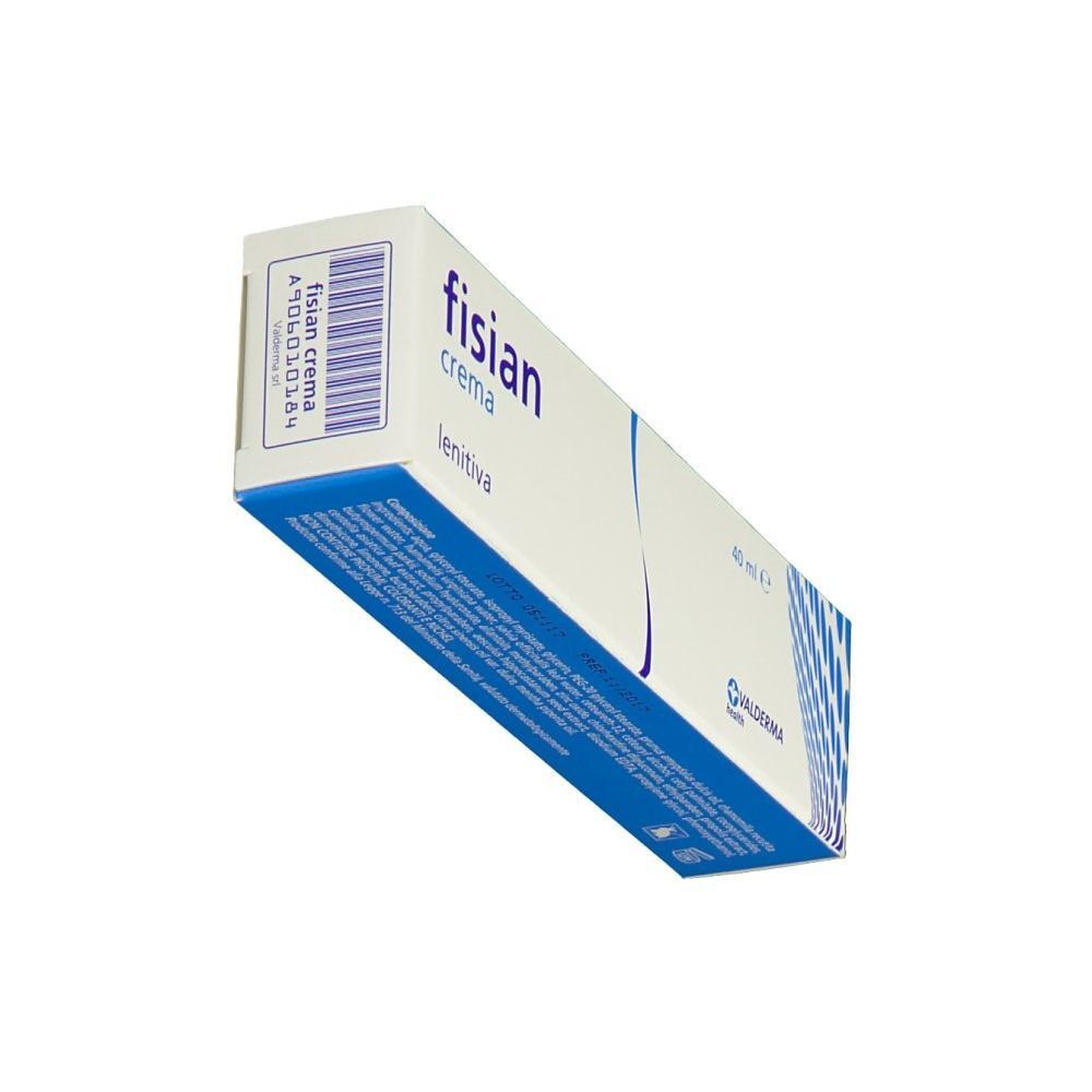 Confezione di Fisian Crema Lenitiva, 40 ml, vista di tre quarti posteriore.