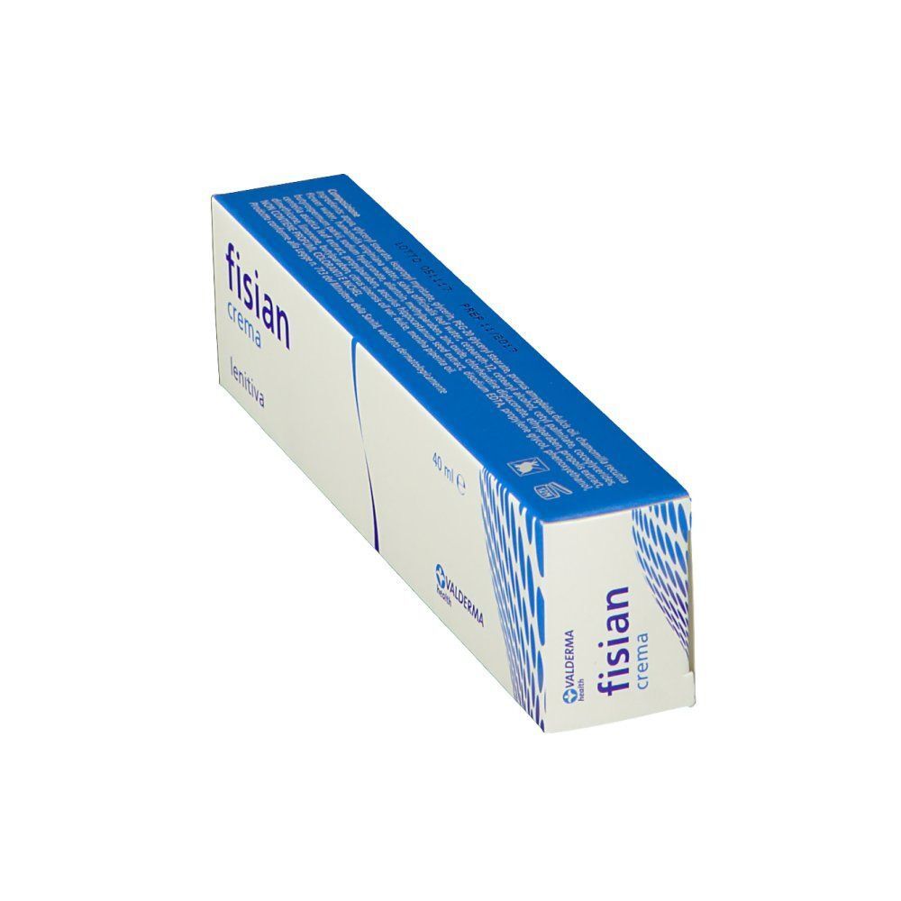 Confezione di Fisian Crema Lenitiva, 40 ml, vista di tre quarti frontale.
