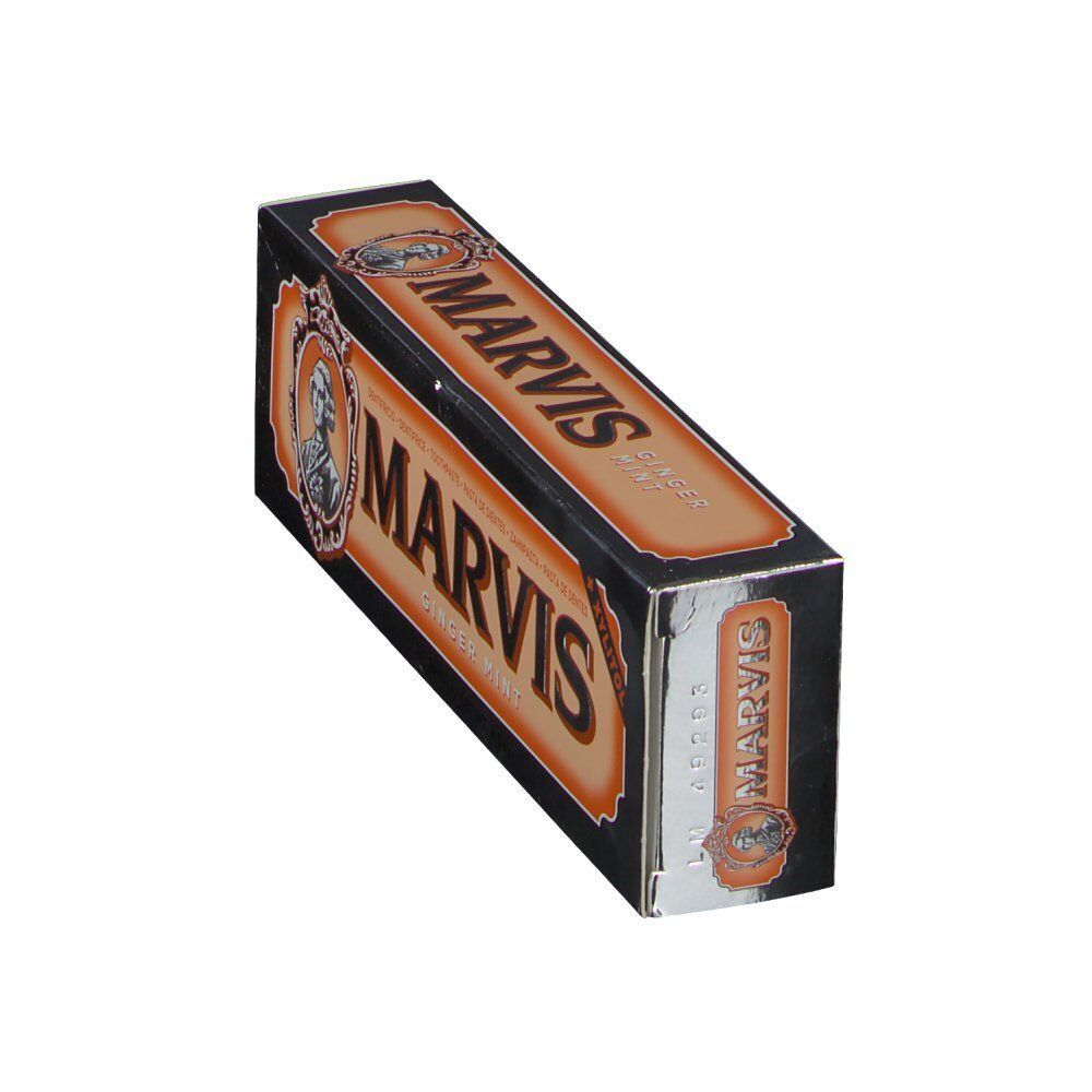 Una scatola di dentifricio Marvis Ginger Mint, vista di lato.