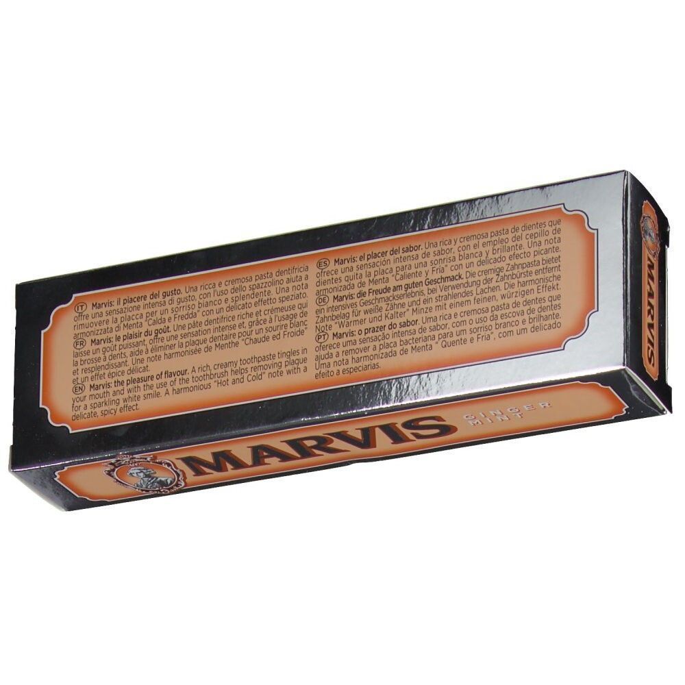 Una scatola di dentifricio Marvis Ginger Mint, vista posteriore con testo.