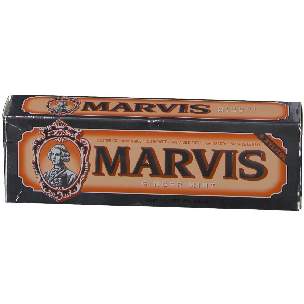 Una scatola di dentifricio Marvis Ginger Mint, vista frontale.