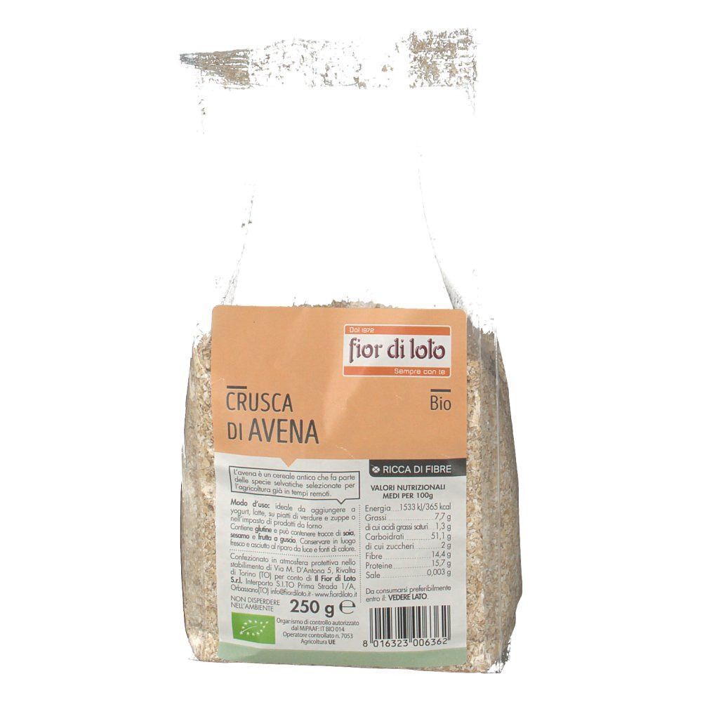 Confezione di crusca d'avena bio Fior di Lolo, fronte con informazioni nutrizionali, 250g.