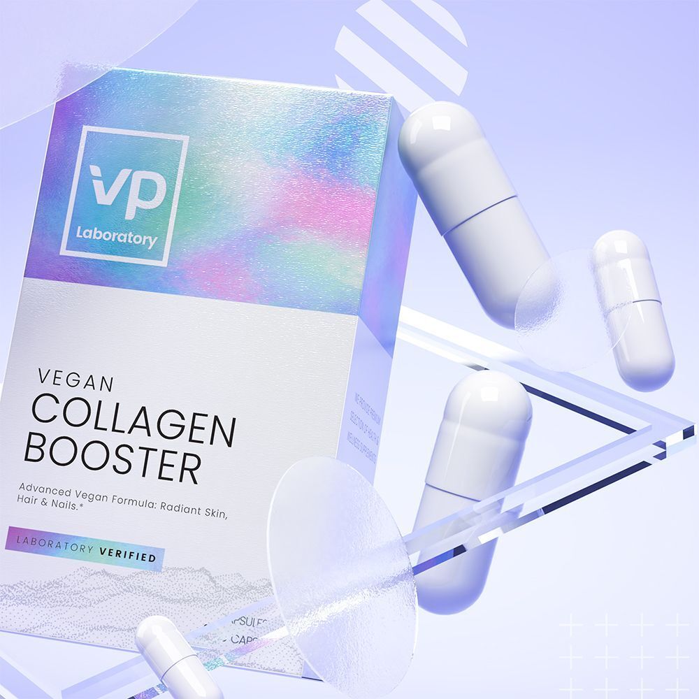 Scatola VP Laboratory Vegan Collagen Booster con capsule, fluttuante con forme geometriche.