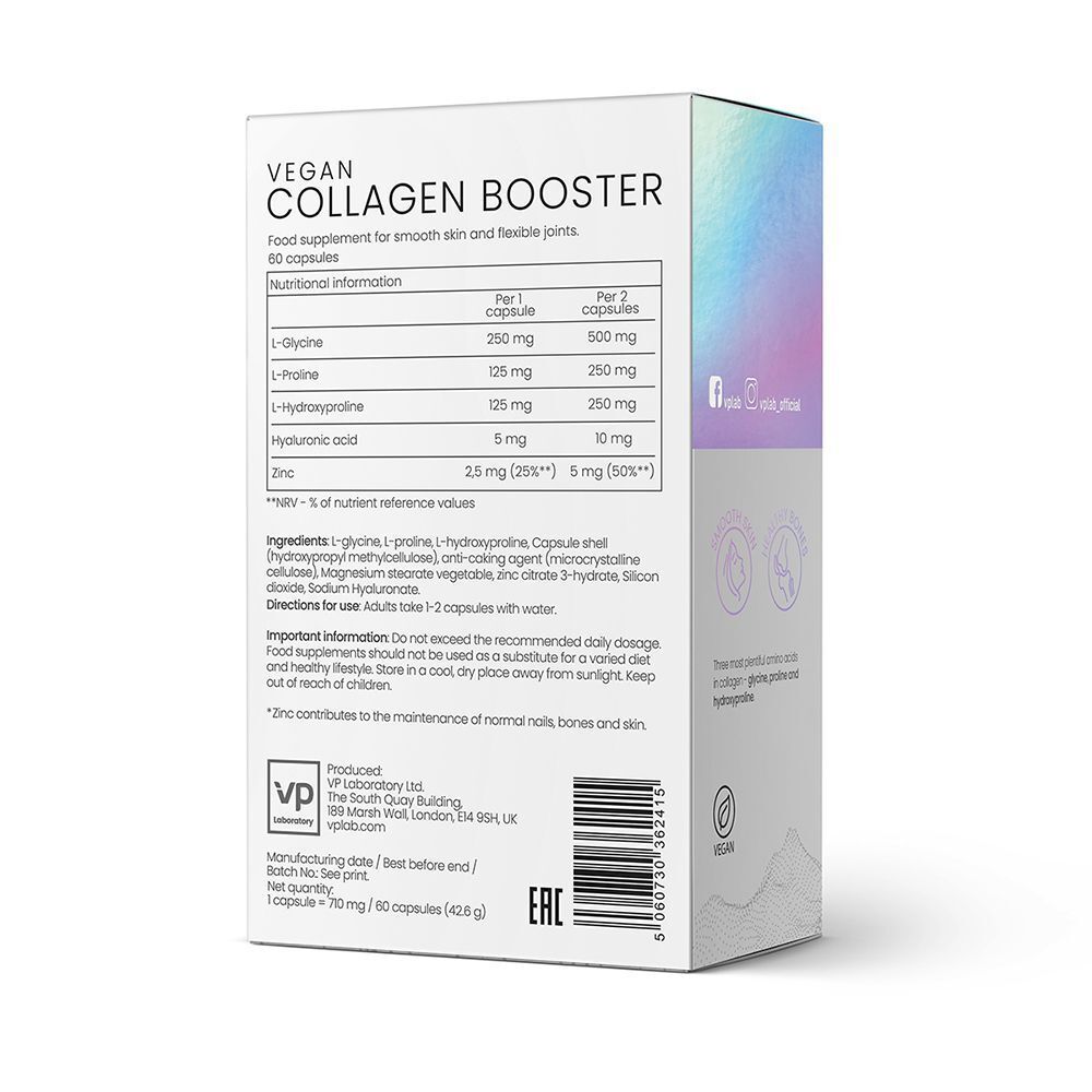 Retro di una scatola di VP Laboratory Vegan Collagen Booster con informazioni nutrizionali e ingredienti.