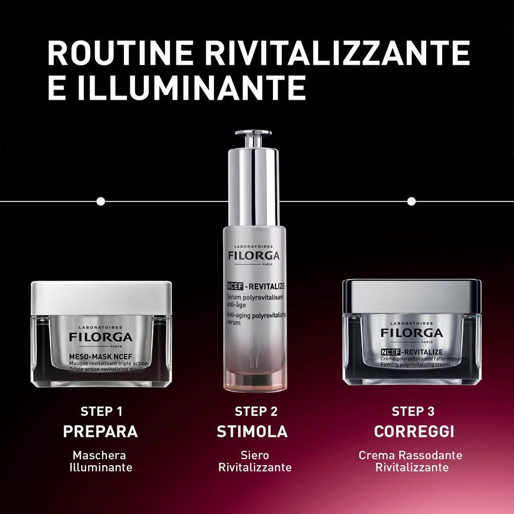 Prodotti FILORGA: maschera, siero, crema per routine rivitalizzante.