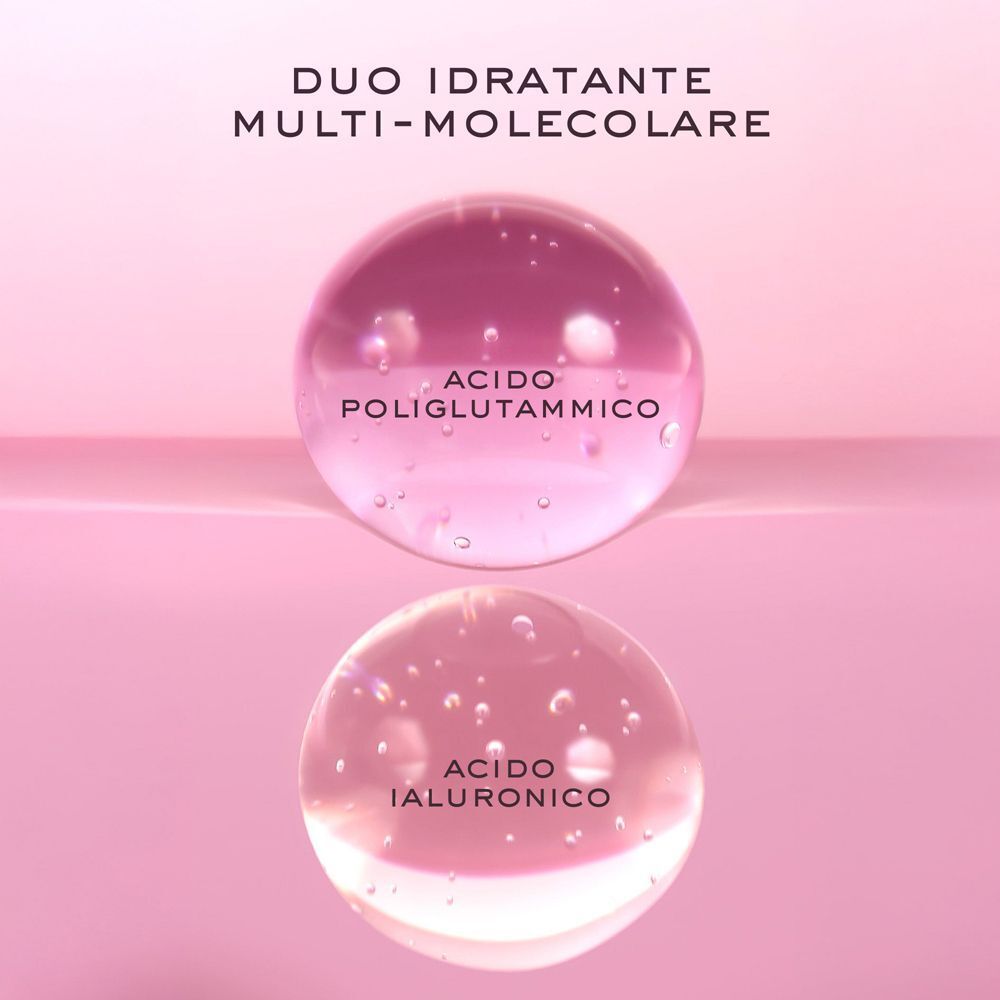 Due sfere trasparenti con bollicine, etichettate "Acido Poliglutammico" e "Acido Ialuronico".