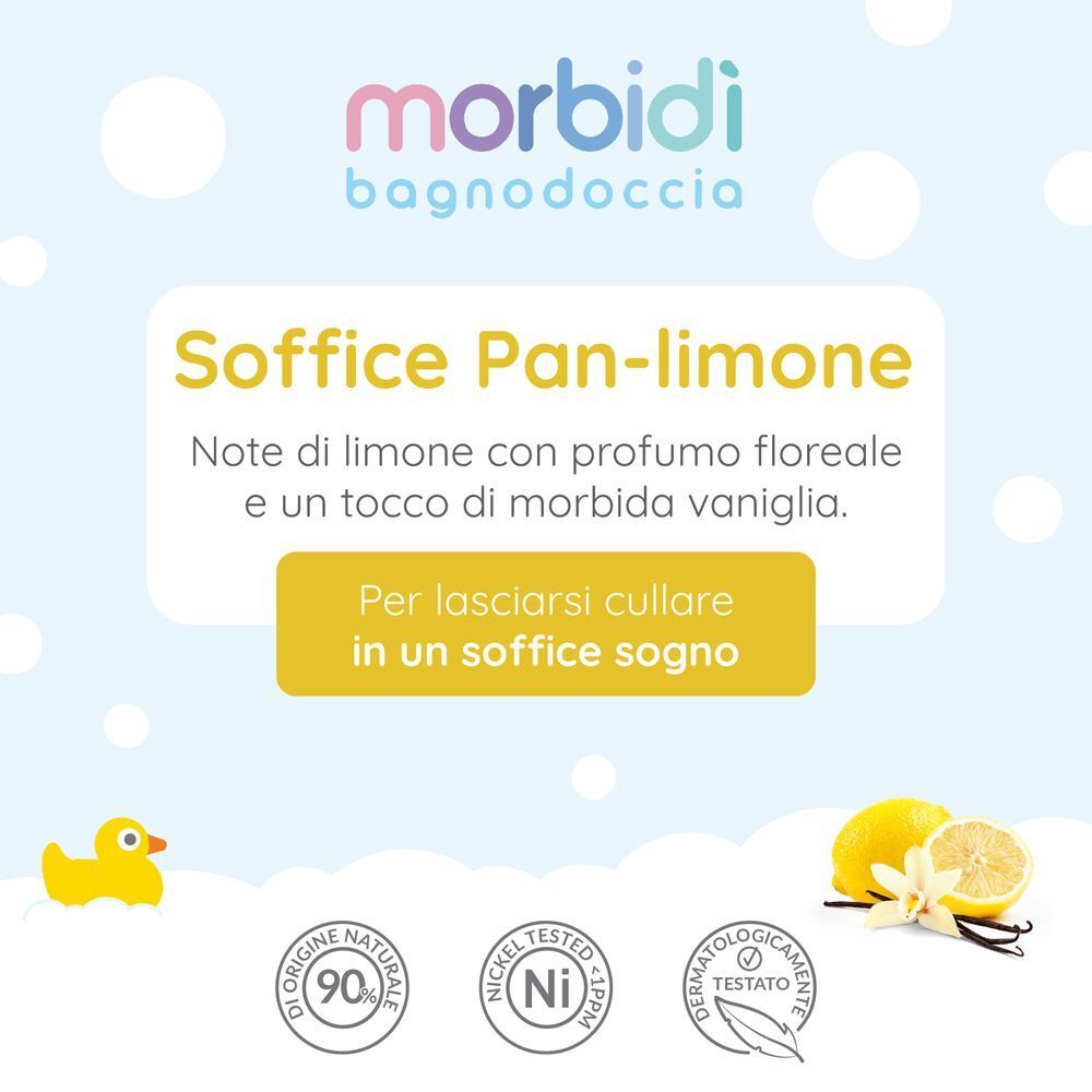 Morbidì Bagnodoccia Soffice Pan-limone con note di limone, vaniglia e floreali.