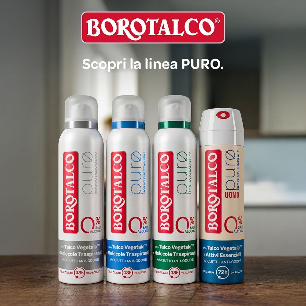 Quattro lattine Borotalco Puro Spray deodorante in diverse varianti affiancate.