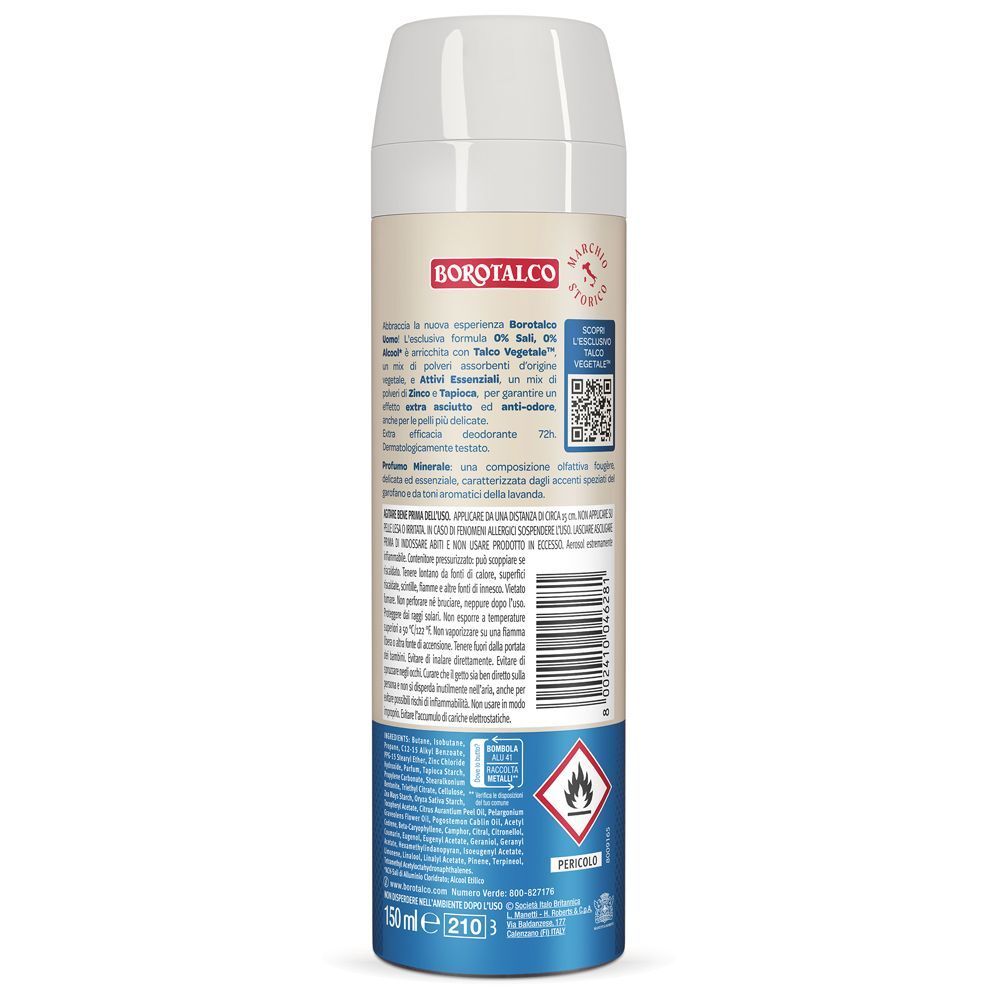 Retro di una bomboletta spray Borotalco Uomo Puro con informazioni sul prodotto e certificazioni.