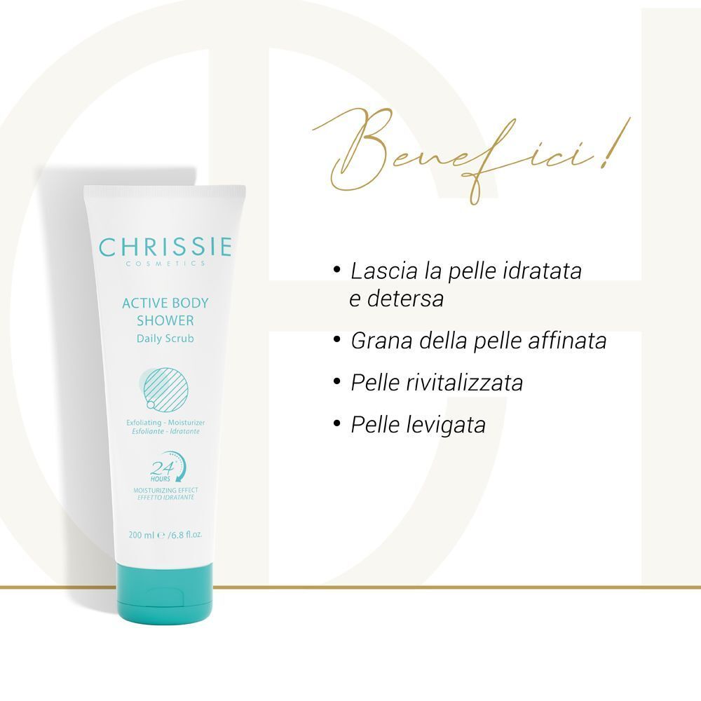 Tubo Chrissie Active Body Shower Daily Scrub con elenco dei benefici: pelle idratata, affinata, rivitalizzata, levigata.