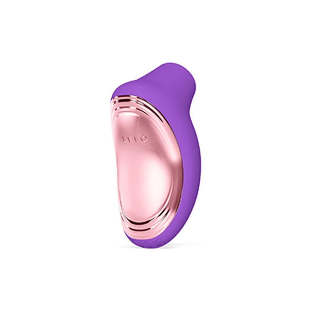 Un massaggiatore clitorale sonico viola con accenti oro rosa e pulsanti di controllo.