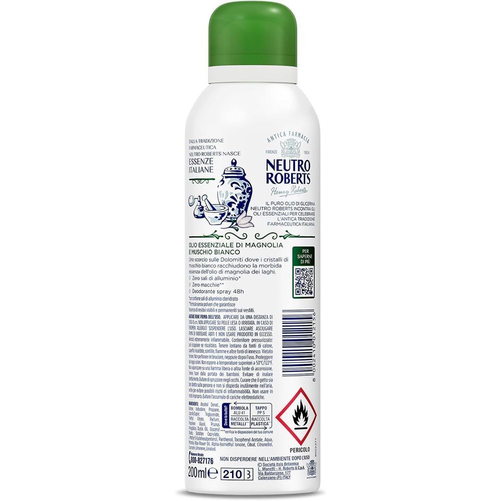 Retro di una bomboletta spray bianca, NEUTRO ROBERTS ESSENZE ITALIANE DEODORANTE SPRAY DOLOMITI, con informazioni sul prodotto.