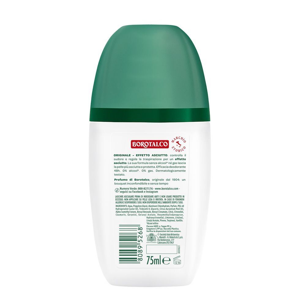 Retro di un deodorante roll-on Borotalco Original Vapo con informazioni sul prodotto e indicazione 75ml.