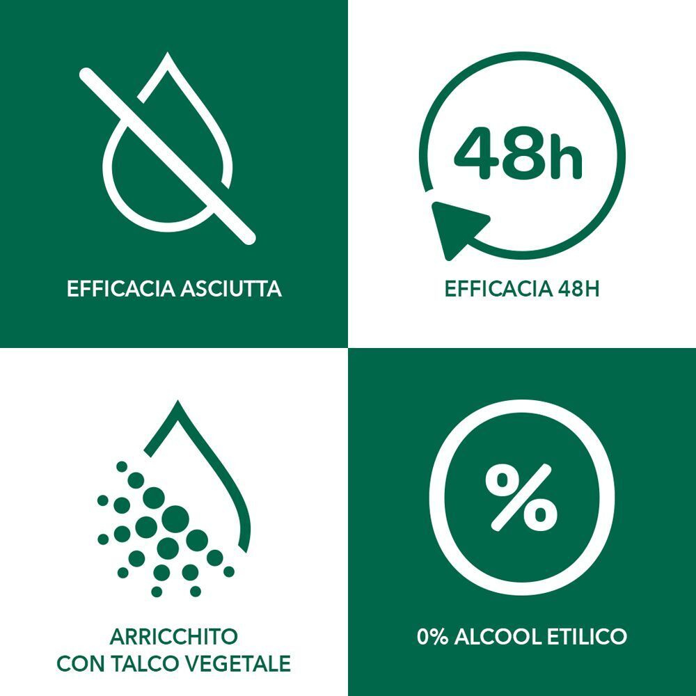 Quattro icone: asciuttezza, protezione 48h, talco vegetale, 0% alcol per deodorante Borotalco.