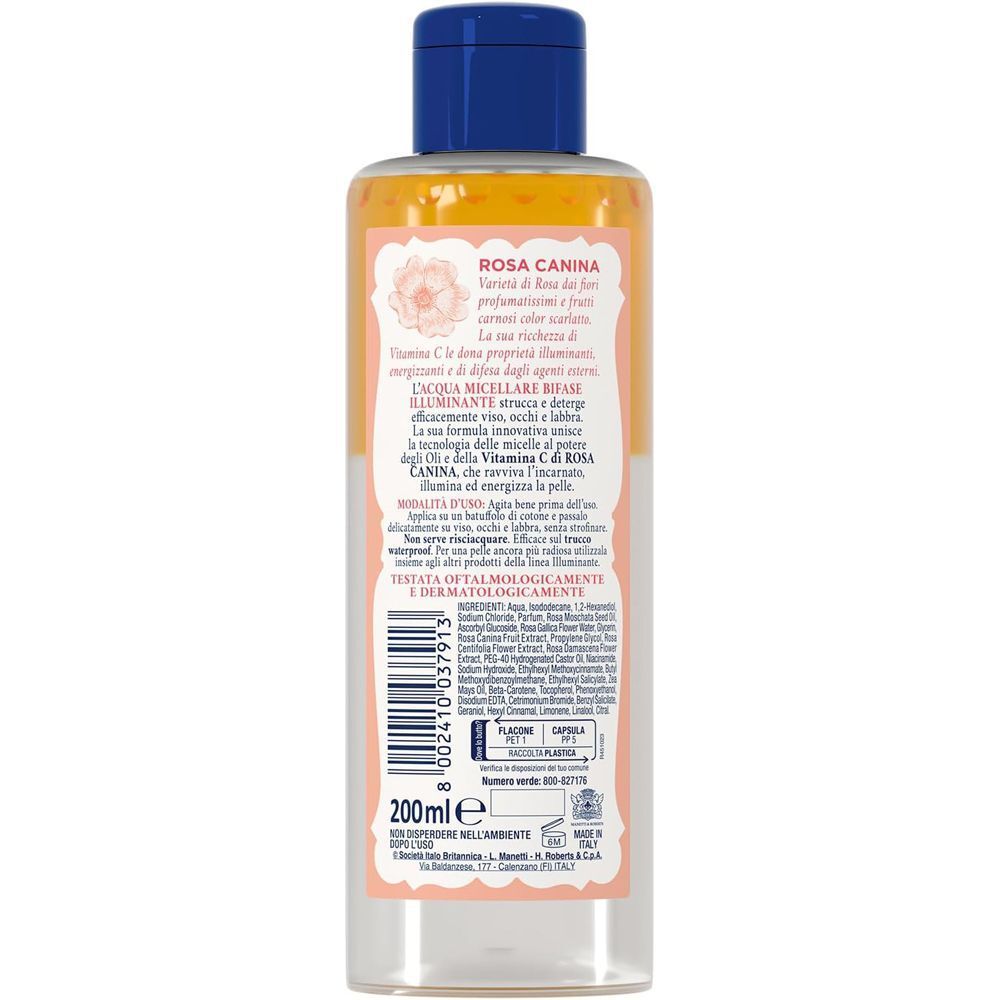 Retro di un flacone di Acqua alle Rose Acqua Micellare Bifasica Illuminante con etichetta e codice a barre.