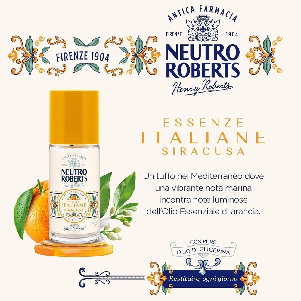 Deodorante roll-on Neutro Roberts Siracusa con arance e foglie.