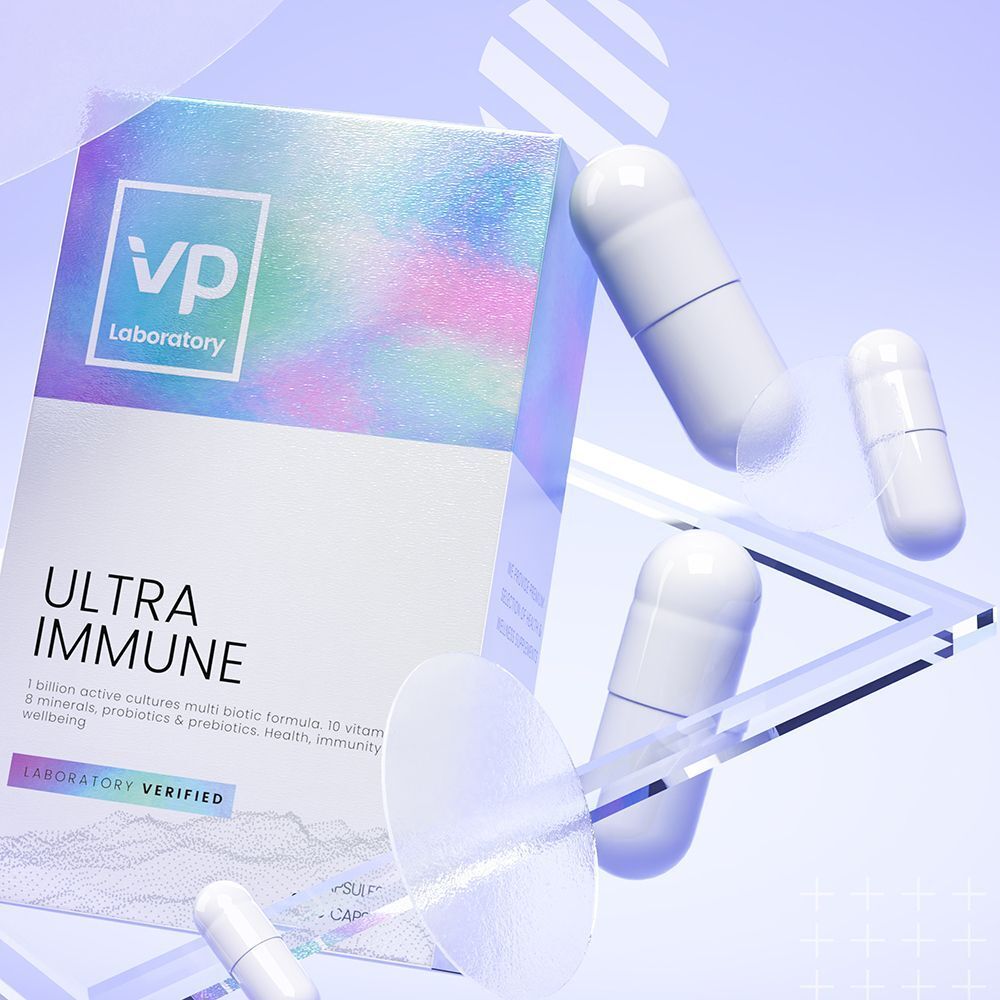 Una scatola VP Laboratory Ultra Immune con capsule e forme geometriche.