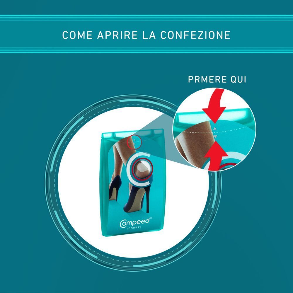 Istruzioni per aprire la confezione Compeed Cerotti per vesciche.