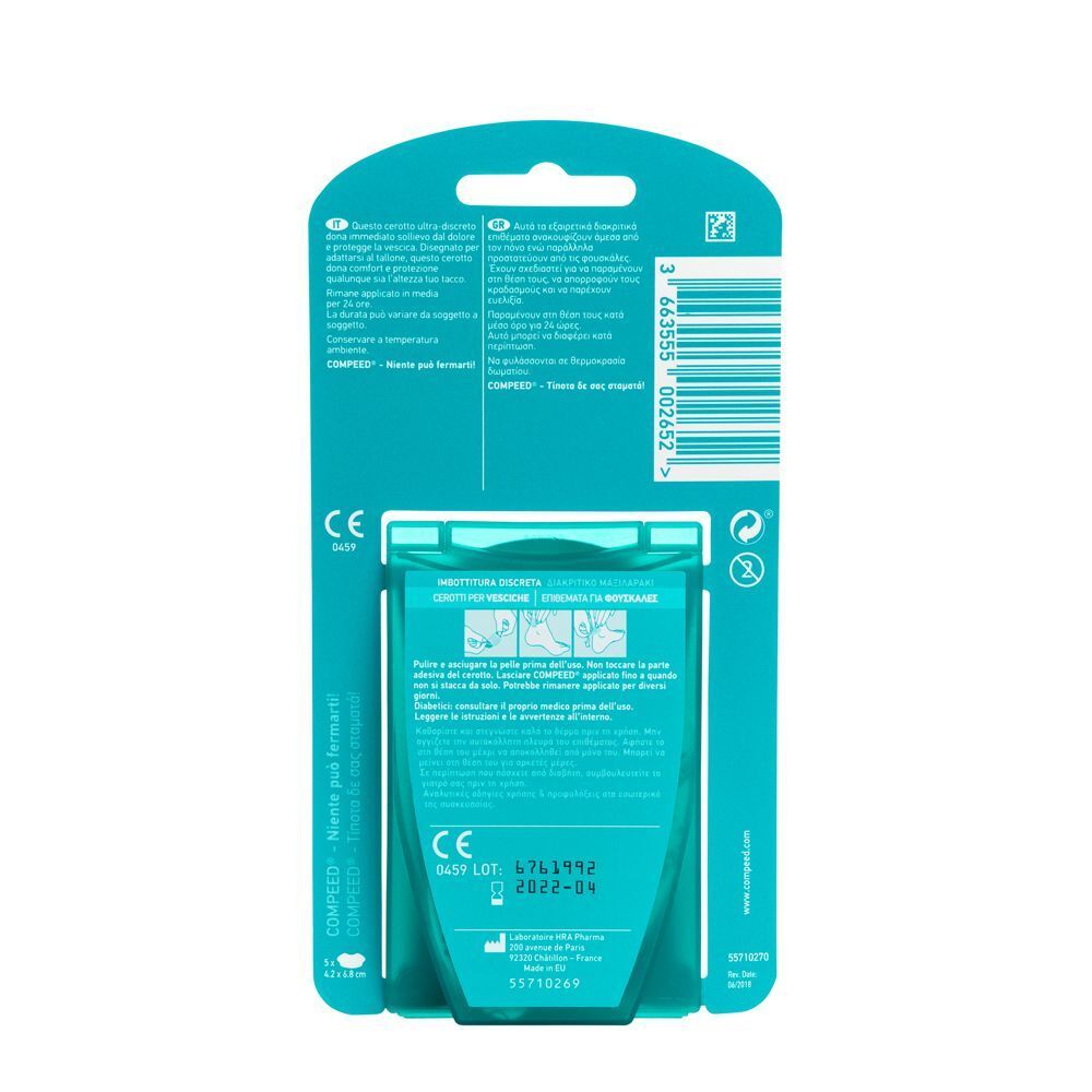 Retro della confezione Compeed cerotti per vesciche con istruzioni.
