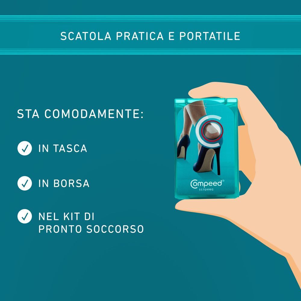 La confezione Compeed cerotti per vesciche sta in tasca, borsa o kit pronto soccorso.