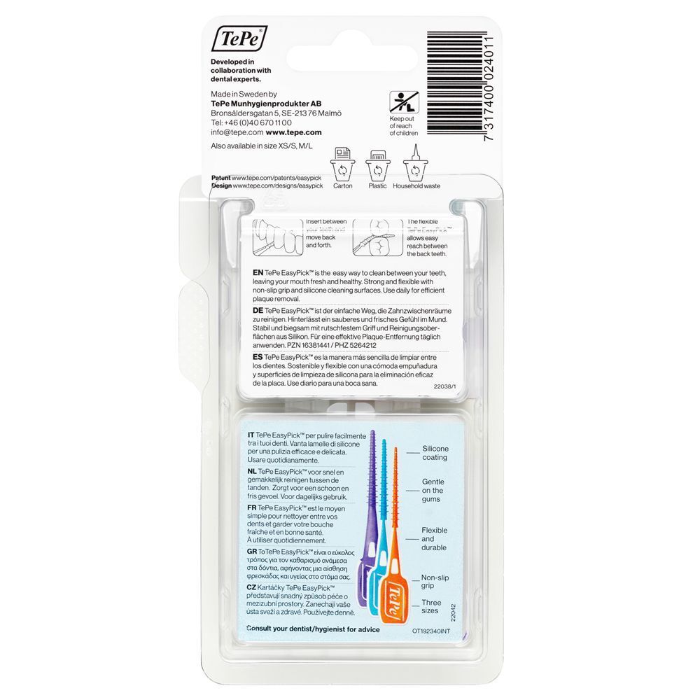 Retro di una confezione TePe EasyPick XL con istruzioni per l'uso e informazioni sul prodotto.