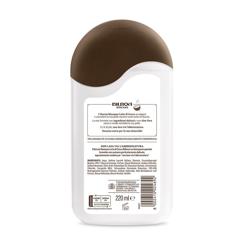Retro di un flacone Bilboa Doccia Tintarella ti dura Doccia Shampoo Latte di Cocco, con ingredienti e 220ml.