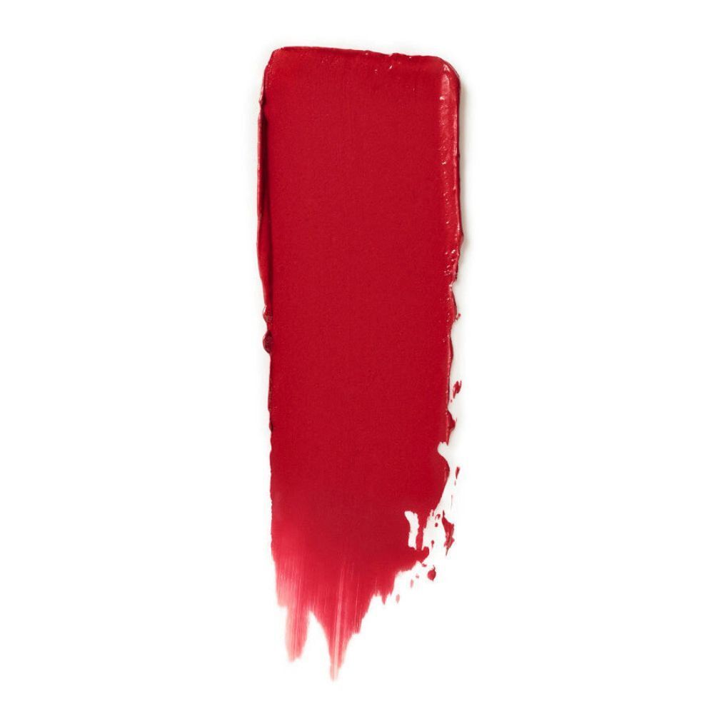 Una striscia di rossetto rosso su sfondo bianco.