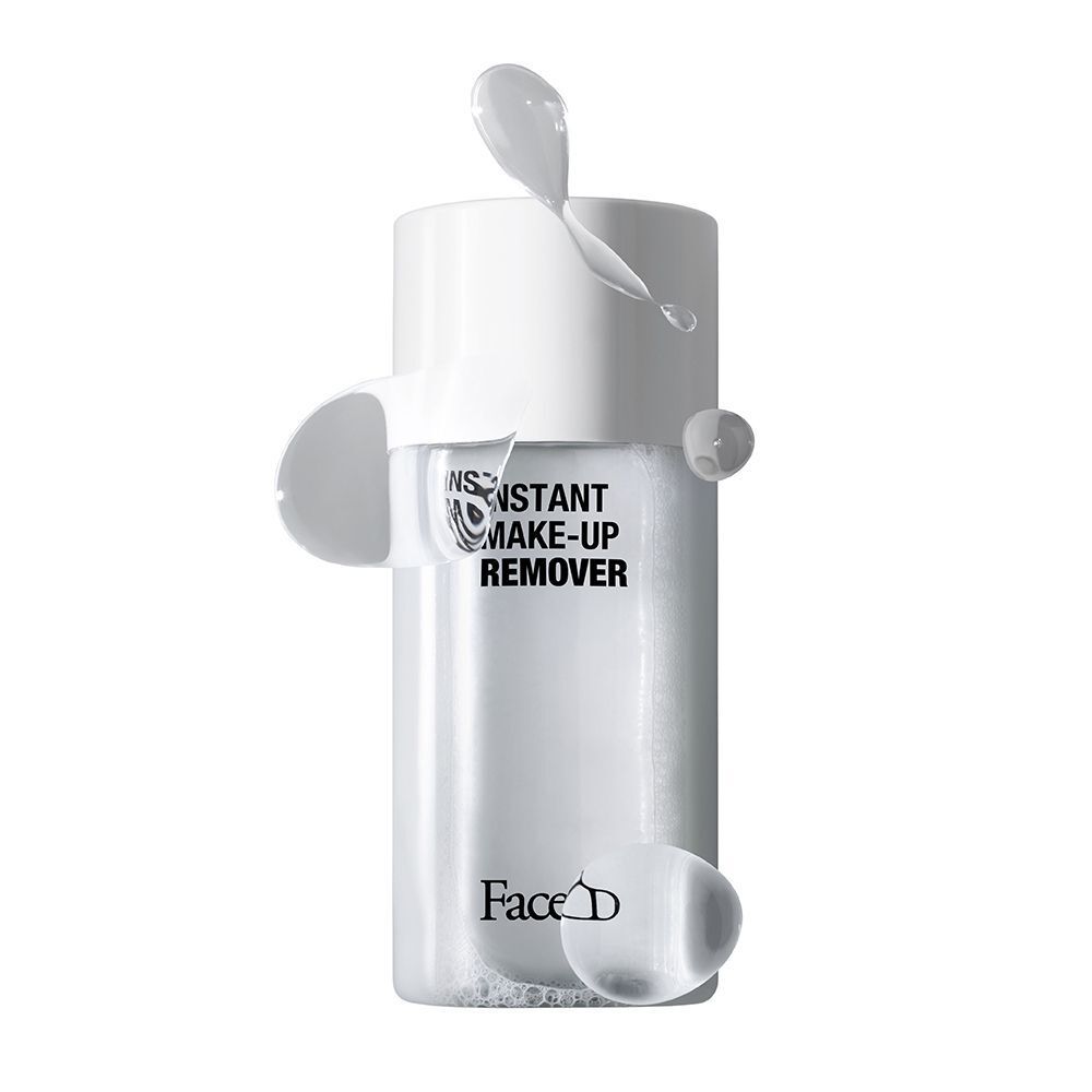 FaceD Instant Make-Up Remover Bifasico con gocce di liquido che scorrono attorno al flacone.