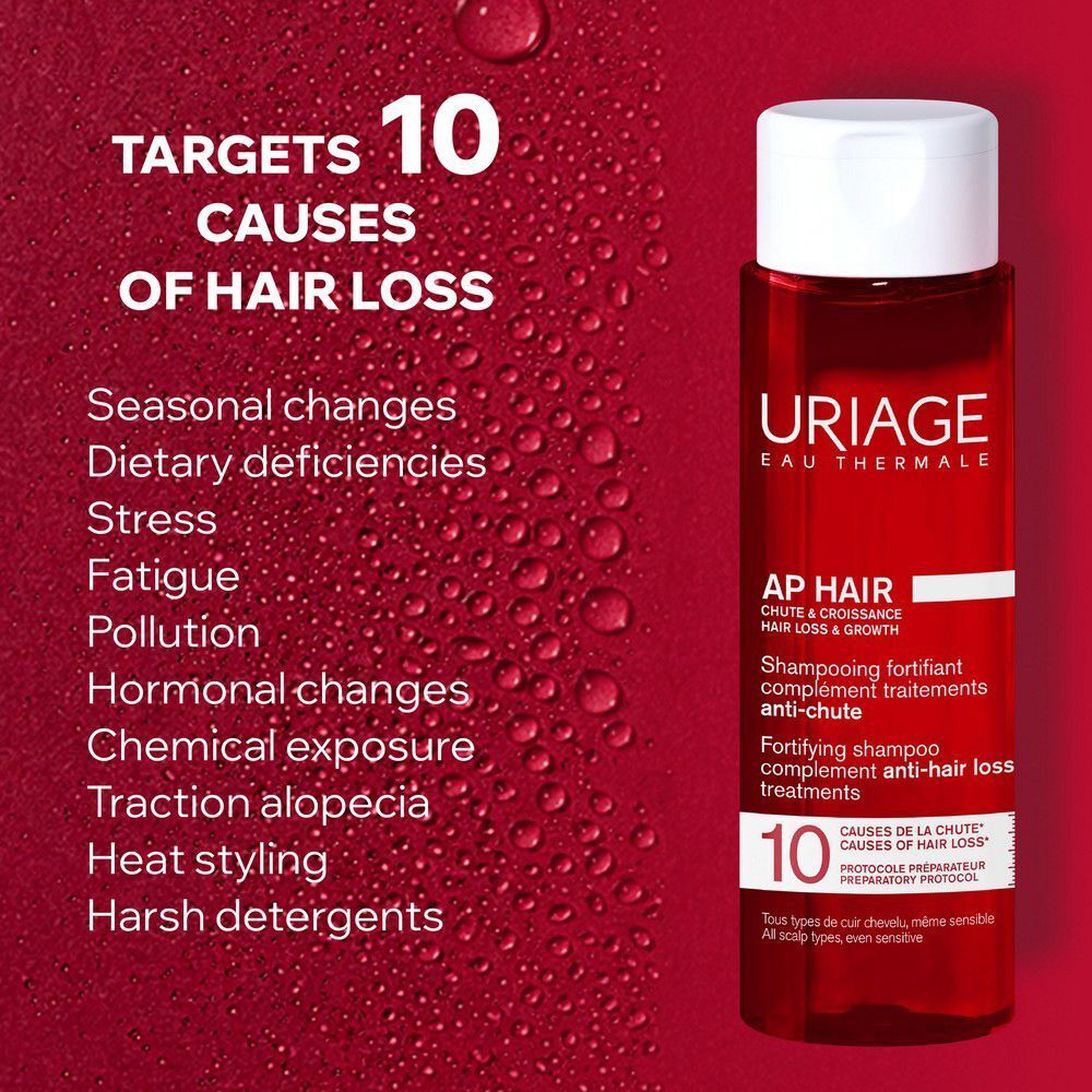 Lo shampoo URIAGE AP HAIR mira a 10 cause di caduta dei capelli: stress, inquinamento, ormoni.