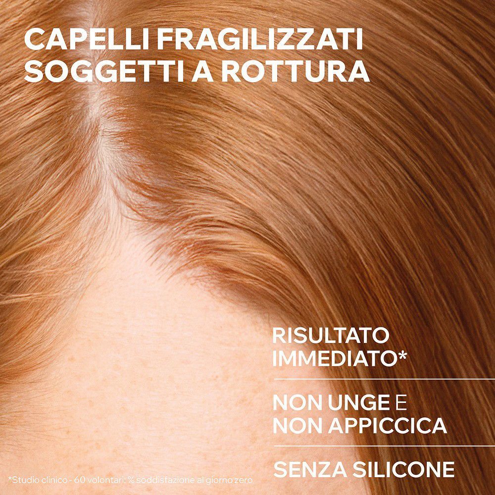 Primo piano di capelli fini e fragili, con testo sui risultati immediati.