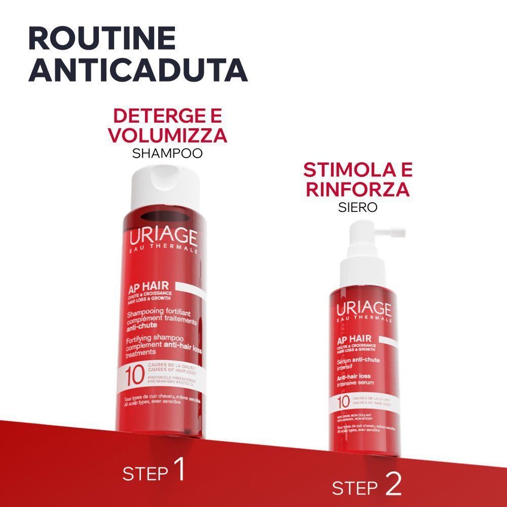 Passi 1 e 2 di una routine per capelli: Shampoo e Siero Uriage AP Hair.