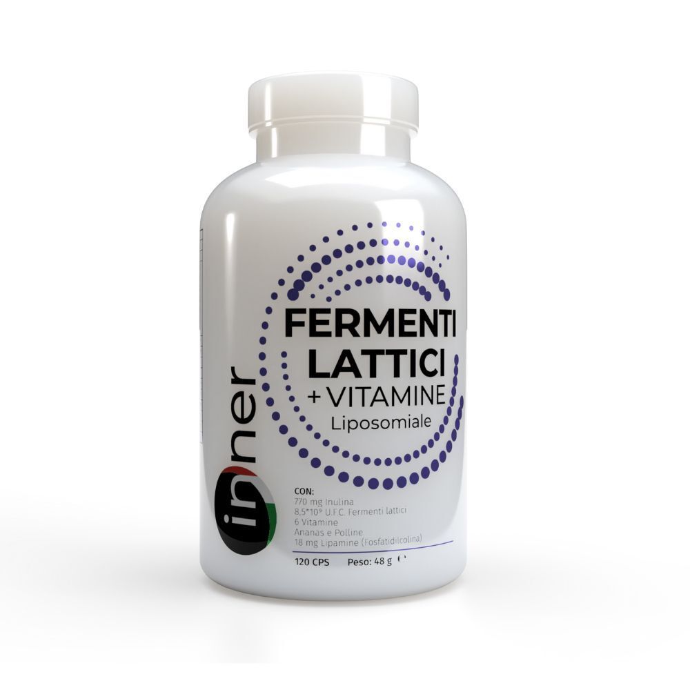 Flacone bianco con etichetta 'Inner Fermenti Lattici + Vitamine Liposomiale', 120 CPS.