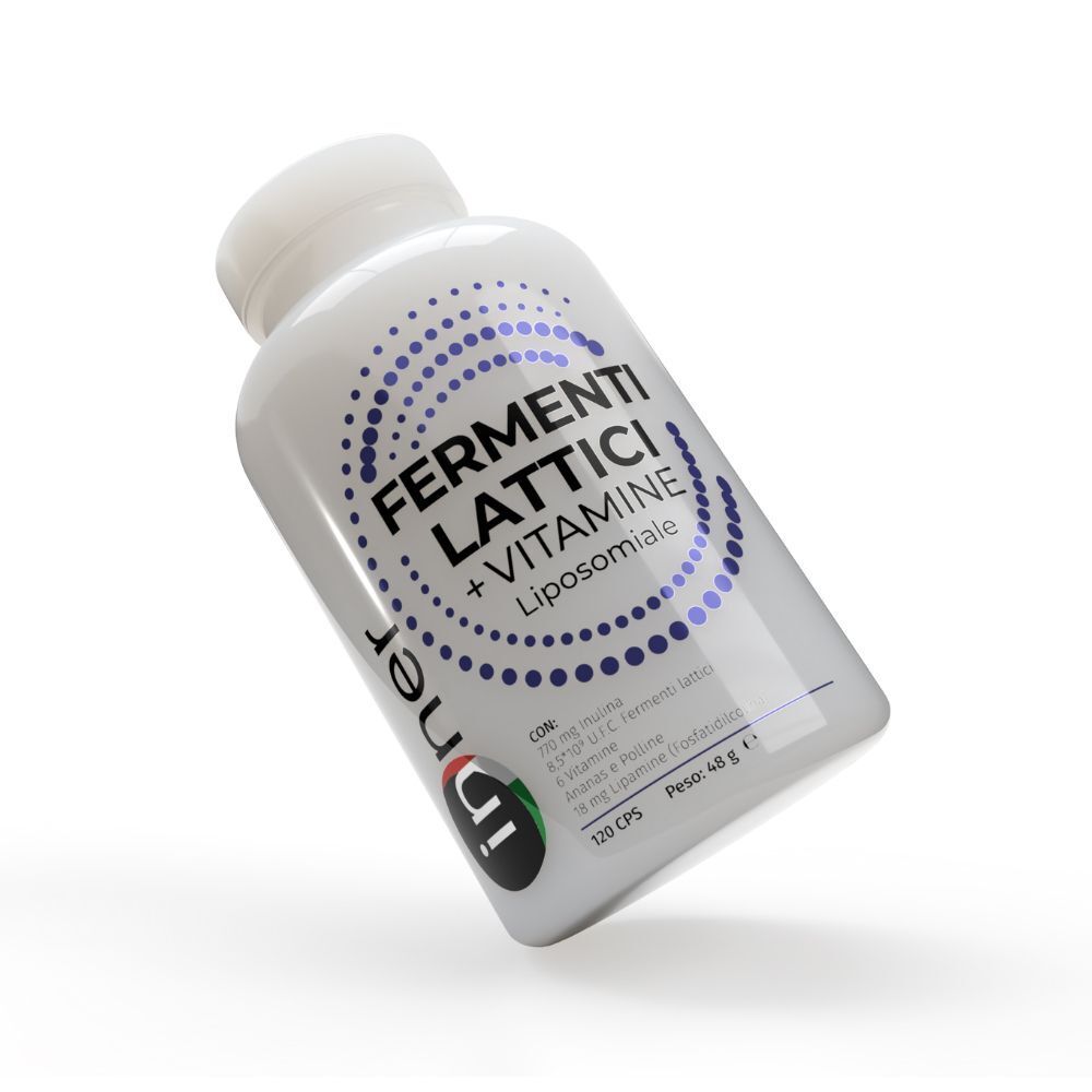 Flacone bianco inclinato con etichetta 'Inner Fermenti Lattici + Vitamine Liposomiale'.