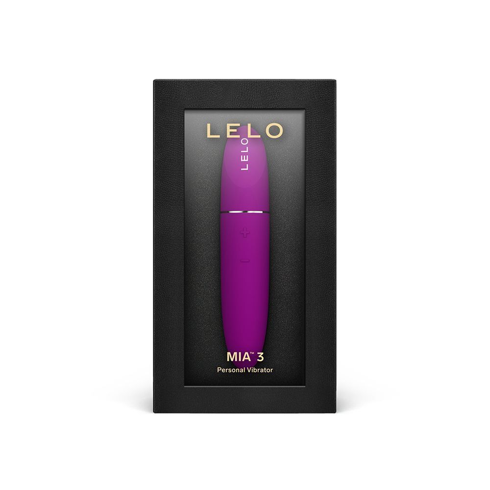 Vibratore personale Lelo Mia3 viola in una scatola regalo nera con finestra trasparente.